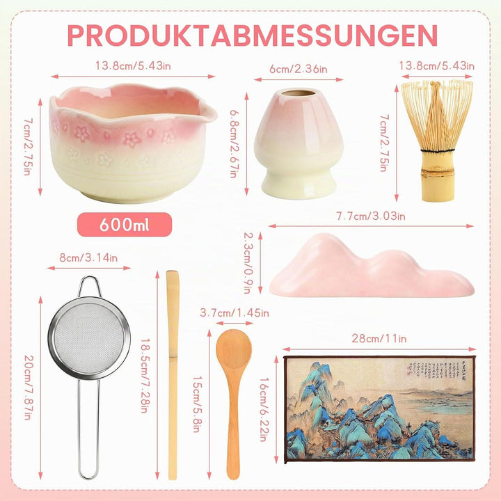 Matcha Set 8-teilig, Keramik Schale, Bambus Besen, Löffel, Sieb, Besenhalter, Löffelständer & Chakin