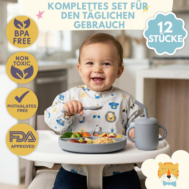 Baby Geschirrset | 12 Stücke | Baby Teller Set | Baby Geschirrset mit Saugnapf | Baby Geschirr | BPA