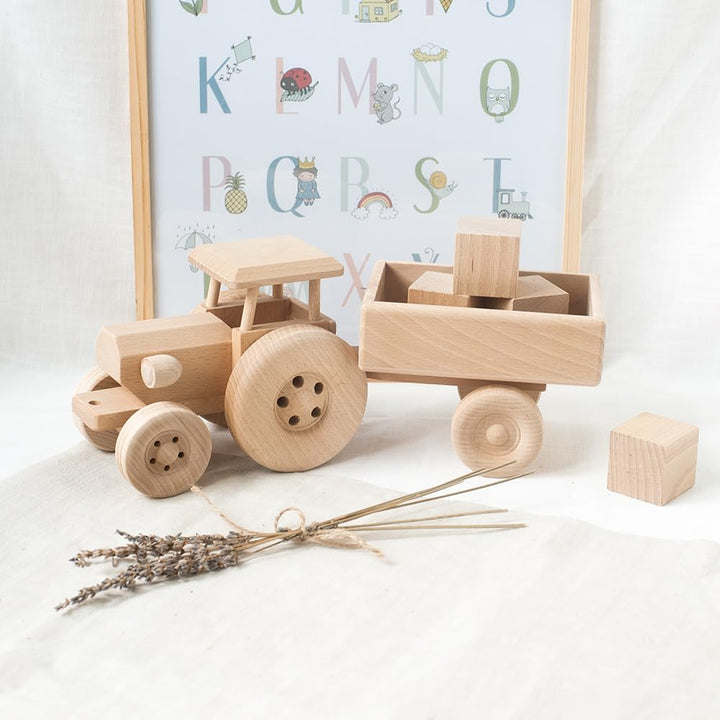 Hofmeister Holzwaren Trecker mit Anhänger, Spielzeug Auto Kinder, oder, Dekoration, aus Buchenholz L