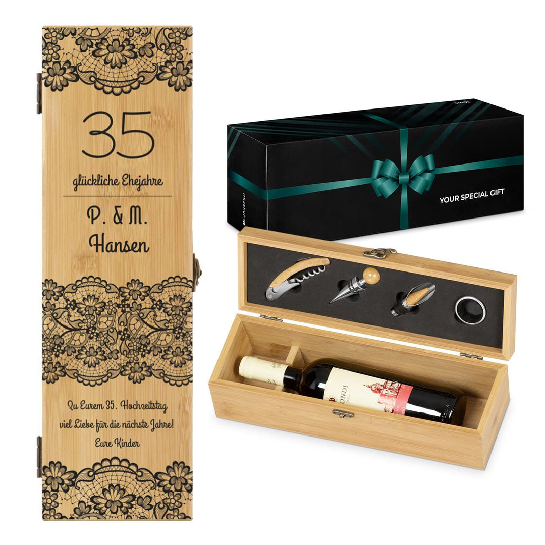Maverton Weinbox für 0,7L Weinflasche - Wein Holzbox personalisiert + 4er Weinzubehör - Weinset Wein