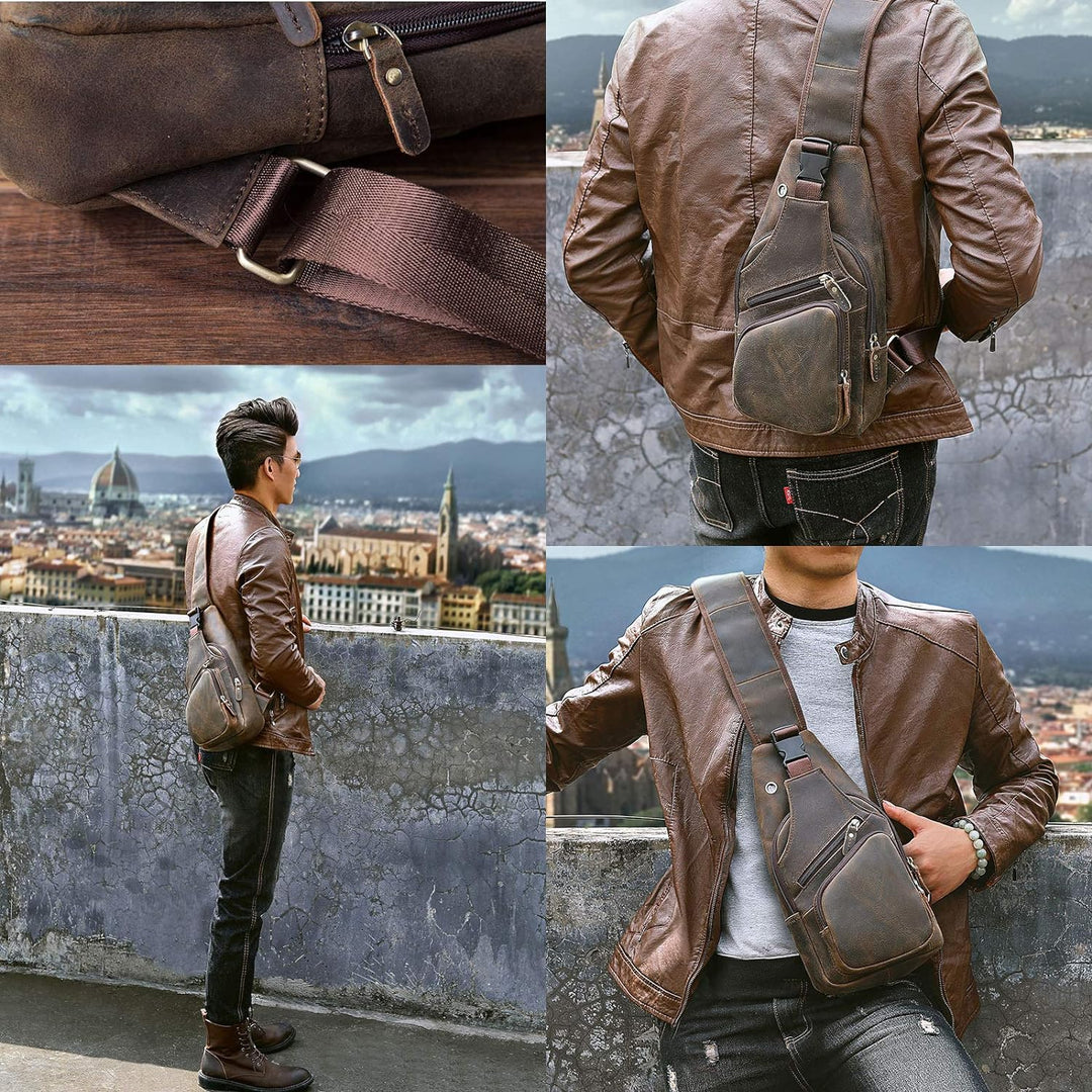 Le'aokuu Herren Echtes Leder Brusttasche Umhängetasche Sport Outdoor Messenger Bag Wanderrucksäcke（8