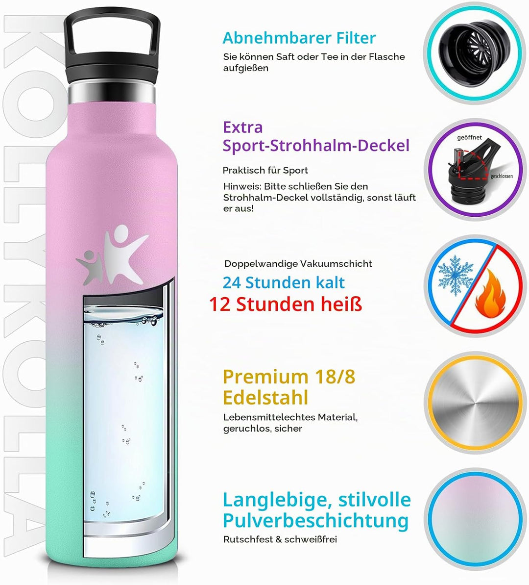KollyKolla Thermoskanne 750ml, Thermosflasche mit Strohhalm, Kohlensäure Geeignet, Vakuum Edelstahl