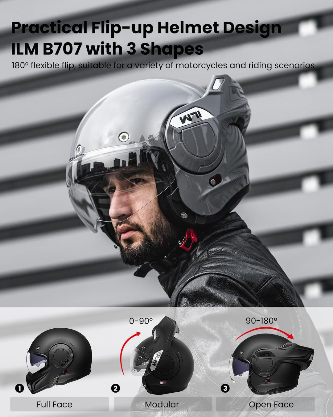 ILM Motorradhelm Integralhelm Klapphelm Fullface Helm Herren Damen ATV UTV mit 180° Umkehrbarer Kinn