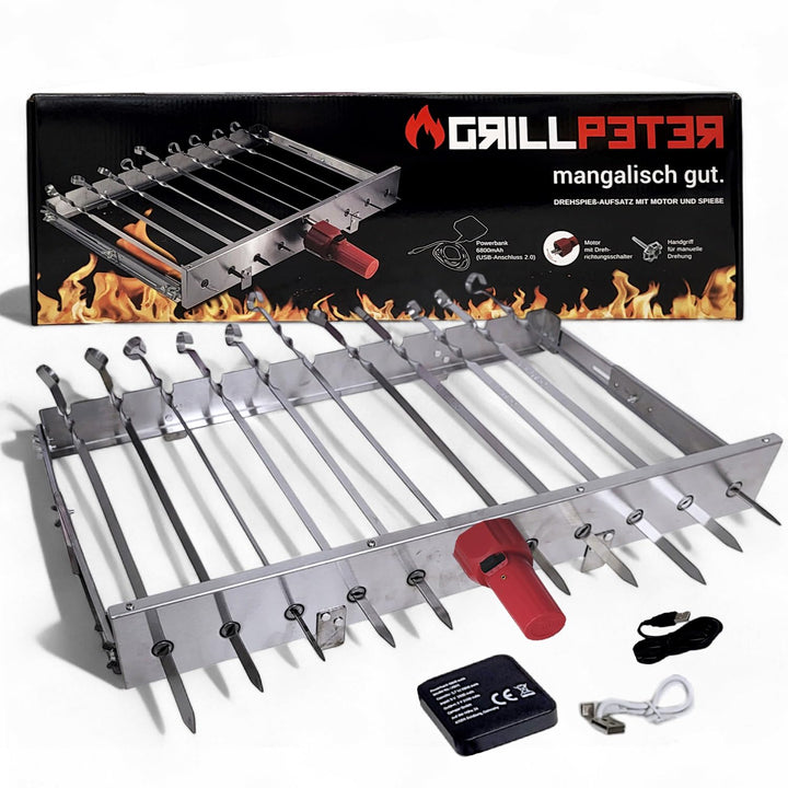 Grillpeter Schaschlik Spiessdreher aus Edelstahl, Motor mit Powerbank Spiesse für Mangal (für 9 Spie