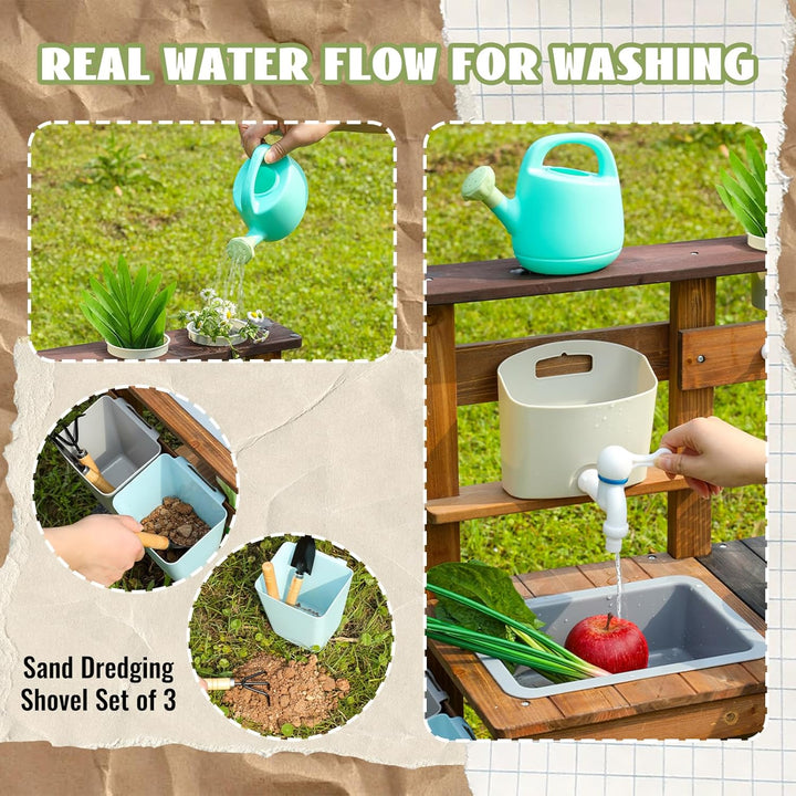 Outdoor Spielküche Gartenspielküche Matschküche Kinder Outdoor Mit Rädern, Wasserkocher, Spüle, Holz