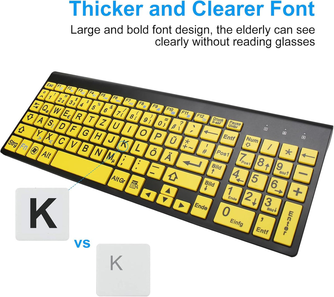 Kabellose Tastatur und Maus Set mit Grossen Buchstaben (Deutsches QWERTZ) für Senioren & Sehbehinder