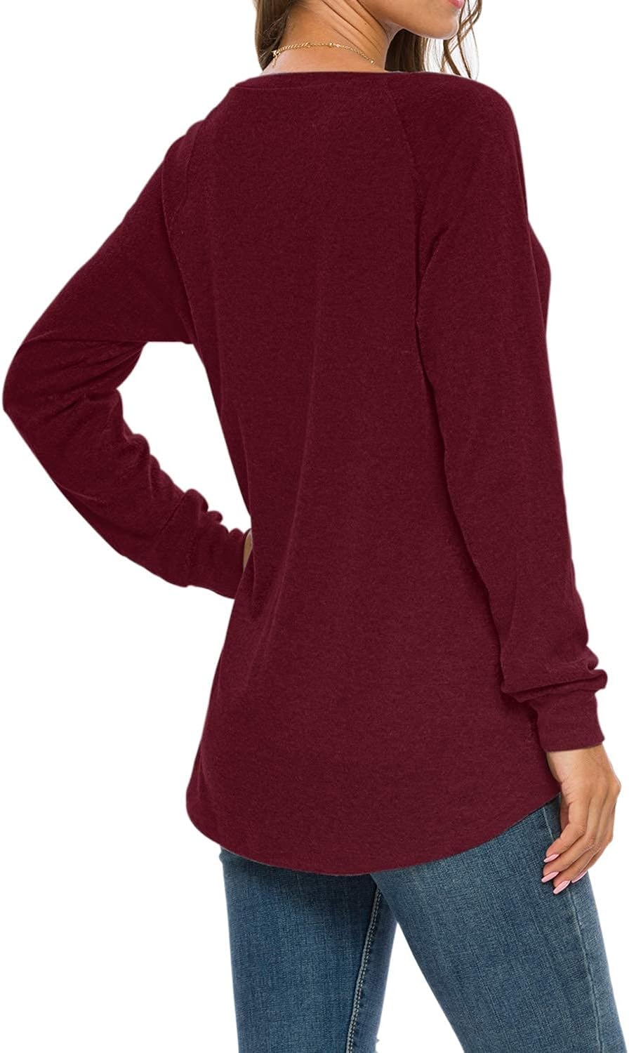 AUSELILY Damen Langarmshirts Rundhals T Shirts Blusen Tunika Sweatshirt Pullover Mit Taschen Burgund