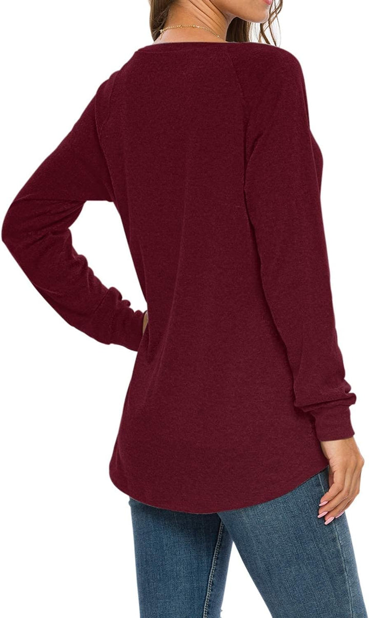 AUSELILY Damen Langarmshirts Rundhals T Shirts Blusen Tunika Sweatshirt Pullover Mit Taschen Burgund