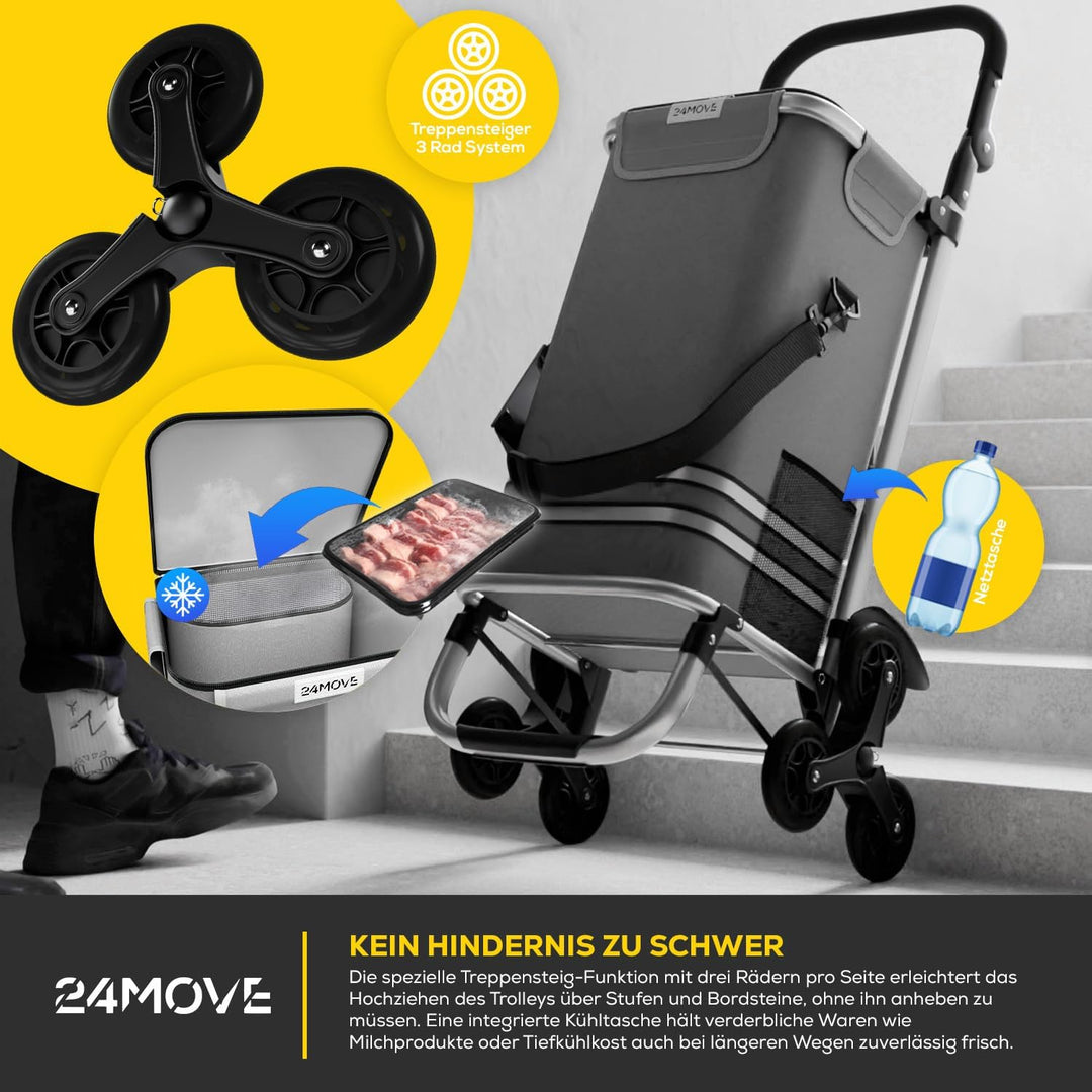24MOVE® Einkaufstrolley Alegre klappbar mit 55L inkl. Kühlfach, Faltbarer 3in1 Trolley - Sackkarre u