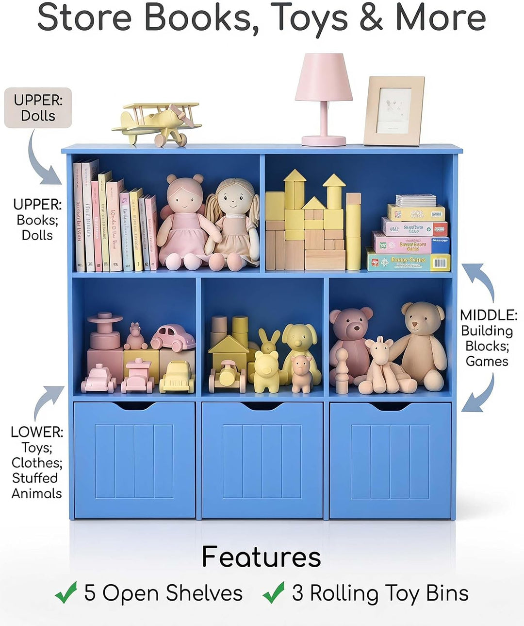 Kinder Bücherregal Blau – 3 Schubladen mit Rollen, 5 Fächer, Standregal mit Aufbewahrung, Kleidersch