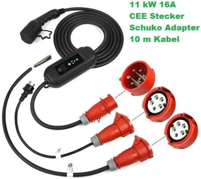 Tragbare Mobile Wallbox 11kW mit 10 Meter Typ2 Ladekabel und CEE Stecker 16A Rot 3-Phasen & Adapter