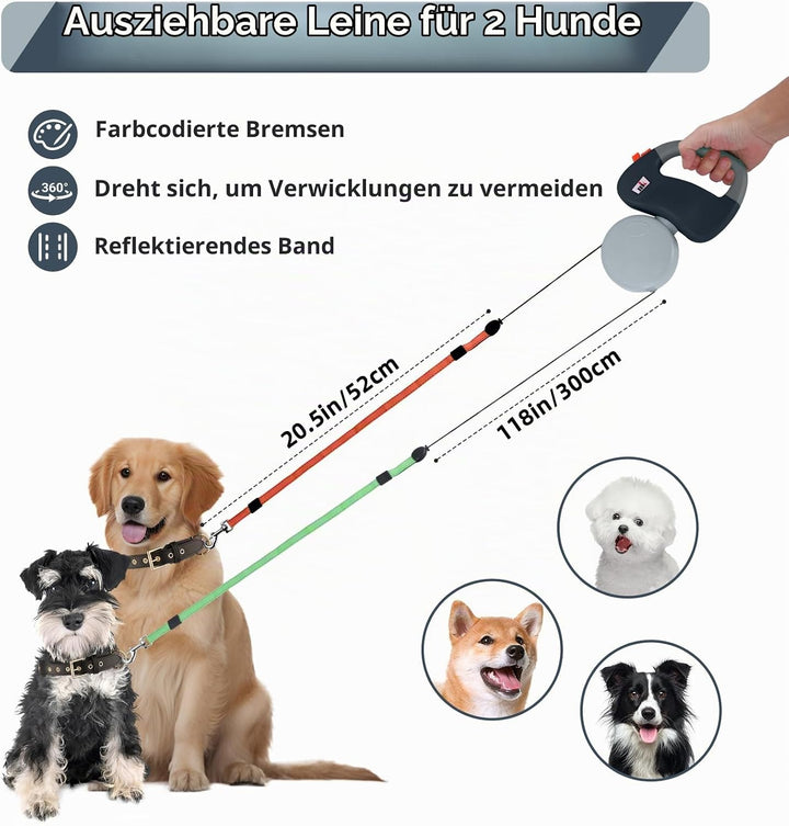 Doppelte Einziehbare Hundeleine Makife Dual Doggie Pet Leash Hundeleine Automatische Hund Versenkbar