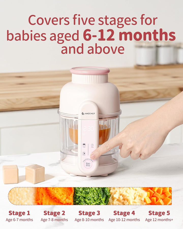 AMZCHEF Babynahrungszubereiter mit Dampfkorb – 6-in-1 Automatisches Kochen & Mixer mit Altersauswahl