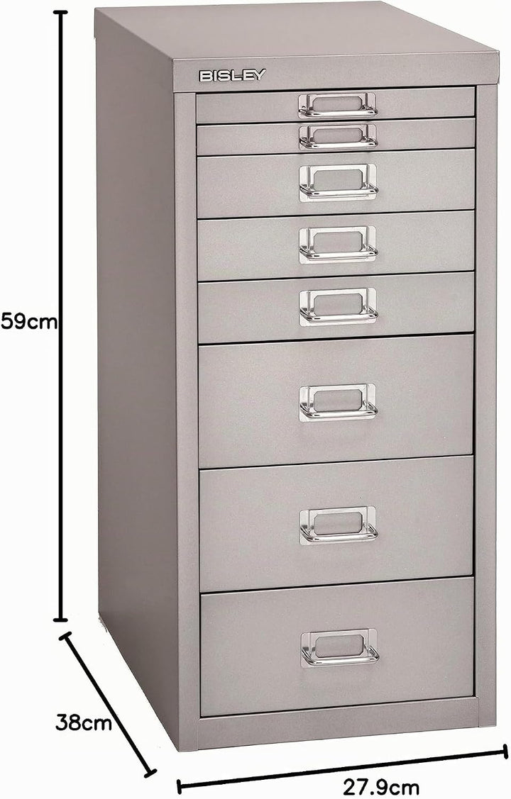 BISLEY MultiDrawer, 29er Serie, DIN A4, 8 Schubladen, Metall, 355 Silber, 38 x 27.9 x 59 cm, 355 Sil