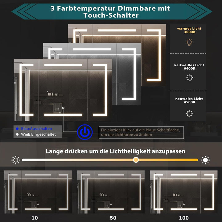DICTAC Spiegelschrank Bad mit LED Beleuchtung und Steckdose 100x60x13.5 cm Metall Bad Spiegelschrank
