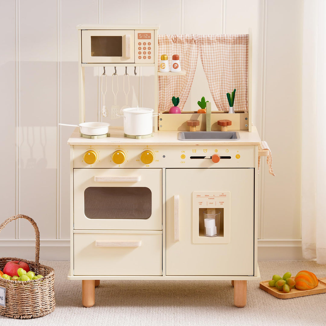 ROBUD Kinderküche aus Holz – Spielküche mit Kühlschrank, Eiswürfelspender, Backofen & Zubehör, Rolle
