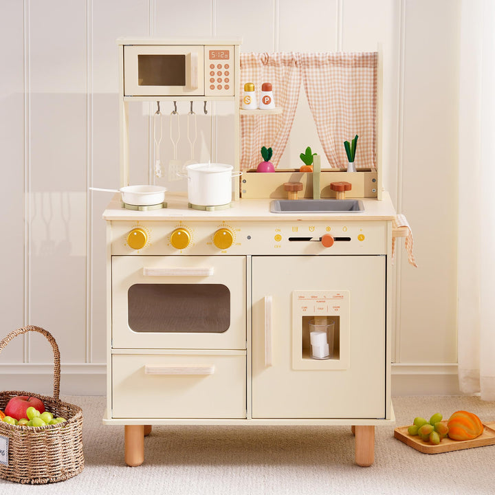 ROBUD Kinderküche aus Holz – Spielküche mit Kühlschrank, Eiswürfelspender, Backofen & Zubehör, Rolle
