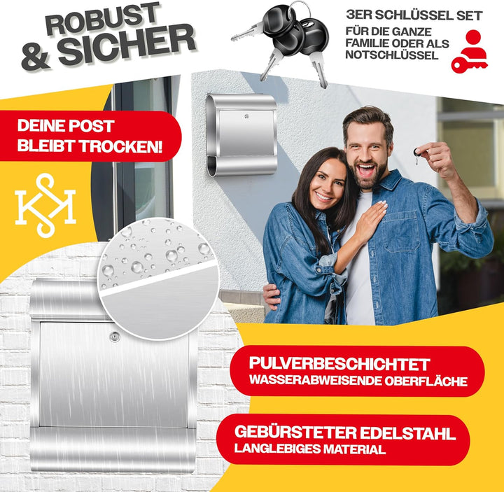 KESSER® XXL Briefkasten Edelstahl mit Zeitungsfach, gebürstet, 3X Schlüssel abschliessbar, Pulverbes
