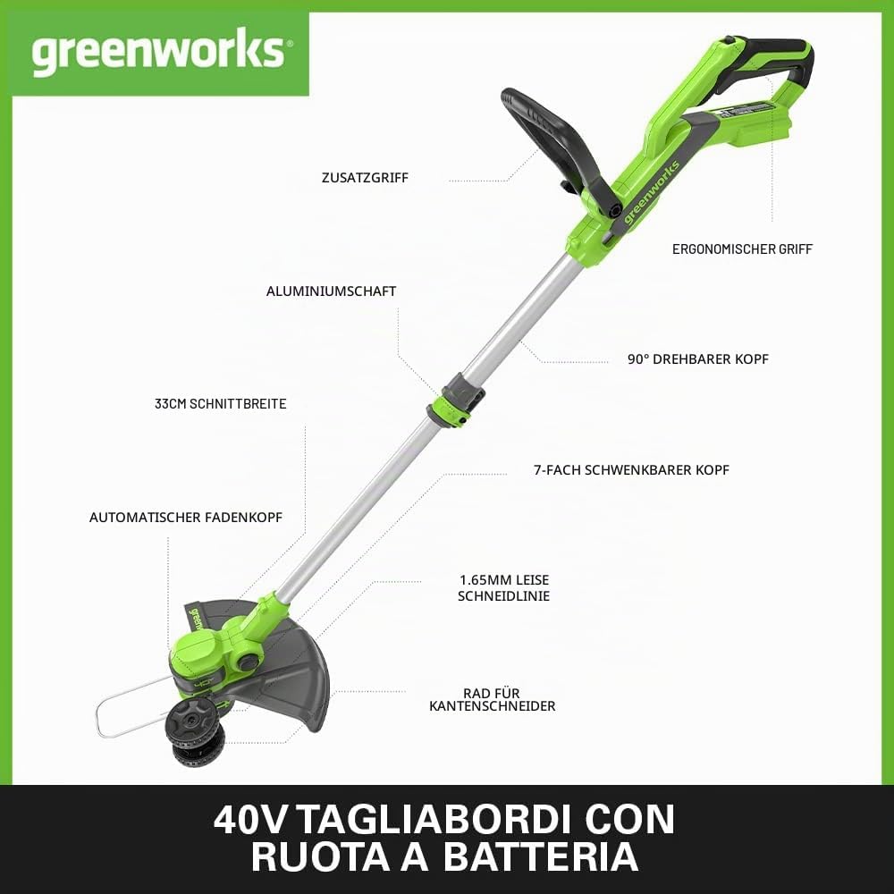 Greenworks 40V Akku Rasentrimmer &amp; Kantenschneider mit Rad für klein-mittelgrosse Gärten, 33m Schnit