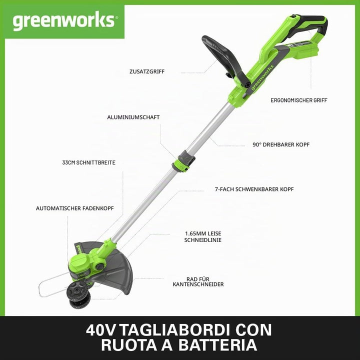 Greenworks 40V Akku Rasentrimmer &amp; Kantenschneider mit Rad für klein-mittelgrosse Gärten, 33m Schnit