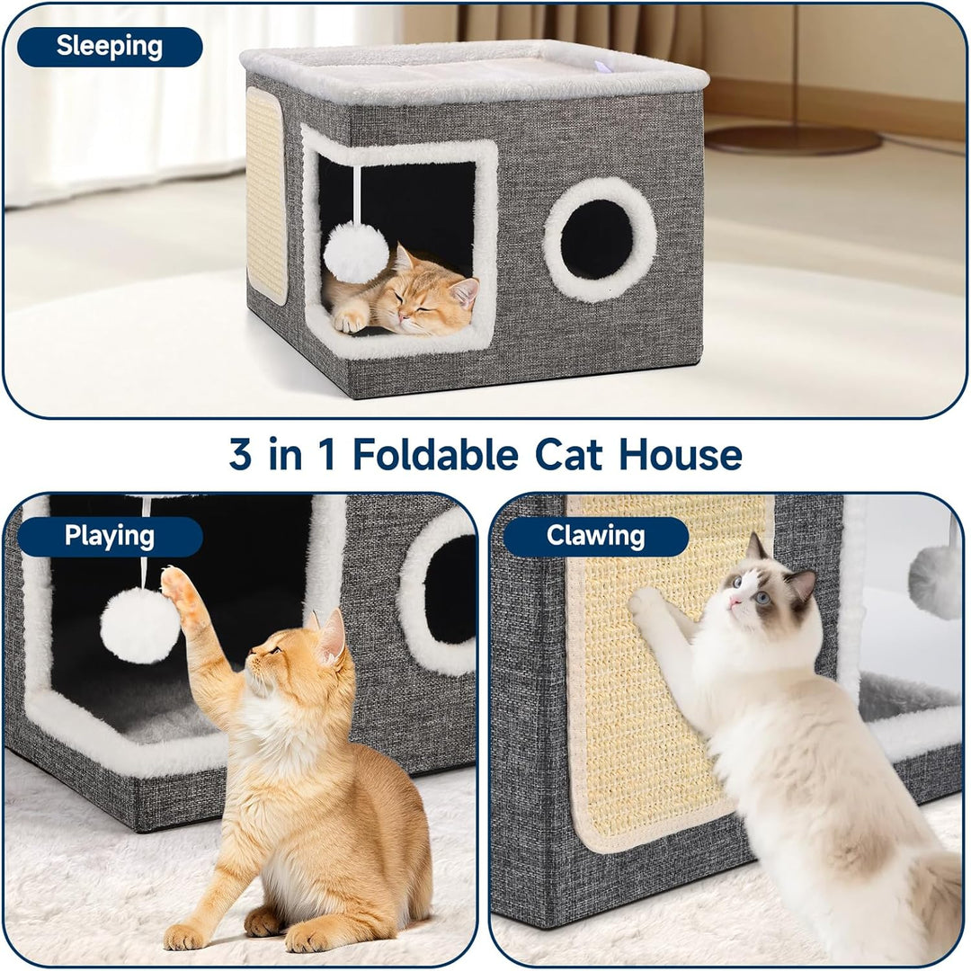 Faltbares Katzenhaus Indoor grosse Katzen, 43L x 43B x 32H cm Grosse Katzenhöhle mit Kratzbrett und