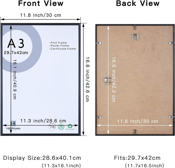 YEEPHAN A3 Aluminium-Fotorahmen mit Plastic glass front, Wandhalterung für Bild oder Zertifikat 29,7