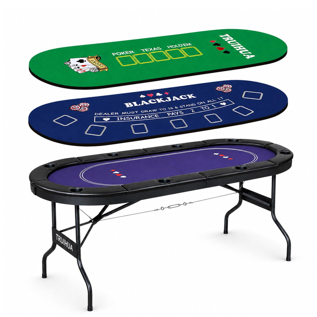 180 cm Klappbarer Pokertisch für 8 Spieler,mit 2 austauschbaren Filz Spielmatten,gepolsterter Schien