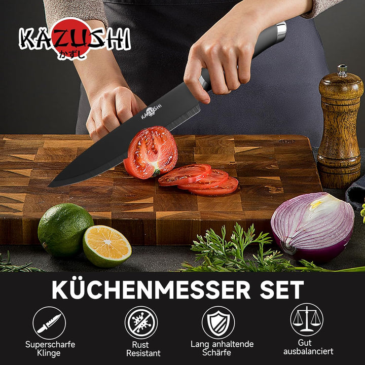 6-teilig Messerset mit Messerhalter, Küchenmesser Set, Profi Messerset mit Block, Edelstahl Messer S