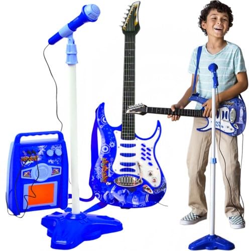SILUK E-Gitarre + Verstärker + Mikrofon mit Ständer Set für Jungen (Blau), Blau