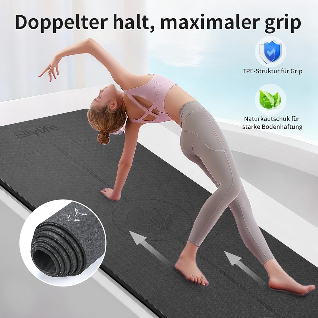 Yogamatte aus ECO Naturkautschuk & Hhautfreundlichem TPE, Extrem Rutschfest, Ausrichtungslinien, Ein