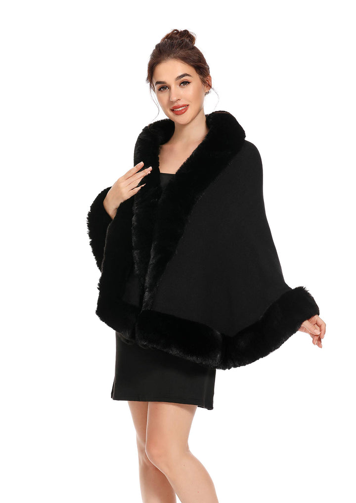 ZLYC Damen Winter Kunstpelz Poncho Cape Strick Schal Stola Warm Cardigan Schwarz, Schwarz