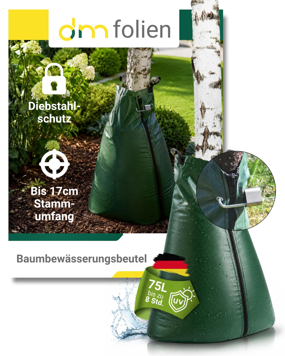 dm-folien Baumbewässerungsbeutel mit Schloss I 75 Liter I 1 Stück I Bewässerungssack aus robustem PV