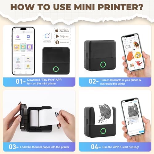 PRAOAHEI Mini Drucker, Tragbarer Fotodrucker mit 20 Rollen Druckerpapier, Bluetooth-Etikettendrucker