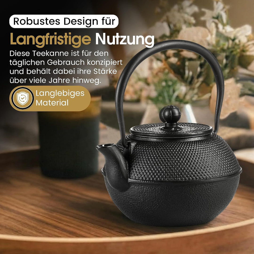 DIMONO® Japanische Teekanne aus Gusseisen 1300ml inkl. Edelstahl Sieb | Hält Tee extra lange warm, a