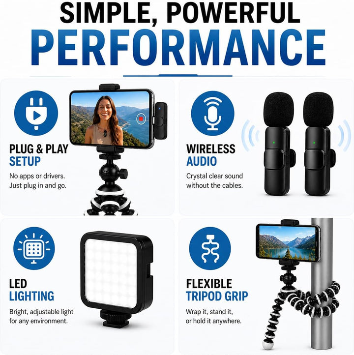 Acuvar Flexibles Stativ-Vlogging-Kit für iPhone, Android und GoPro mit LED-Licht, Handyhalterung, Mi