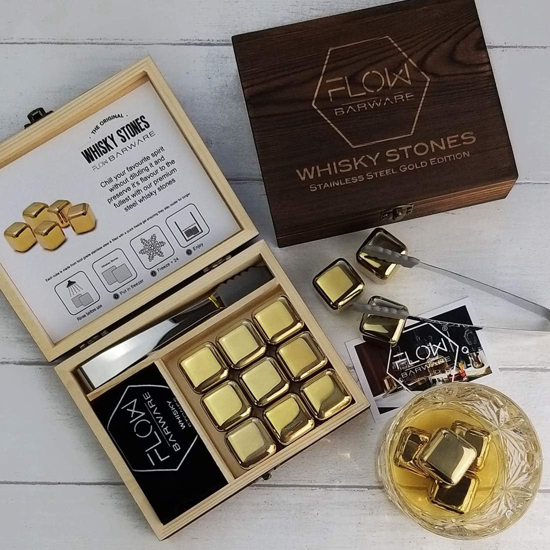 FLOW Barware Gold Whisky-Steine, Geschenk-Set mit Eiszange und Aufbewahrungstasche, Wiederverwendbar