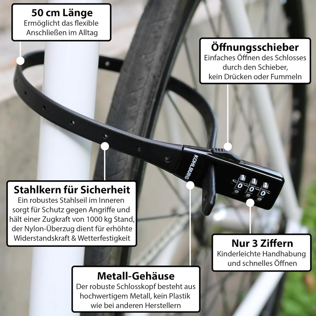 KOHLBURG extrem leichtes Zahlenschloss - 70g leicht mit Zahlencode - 50cm Fahrradschloss klein und s