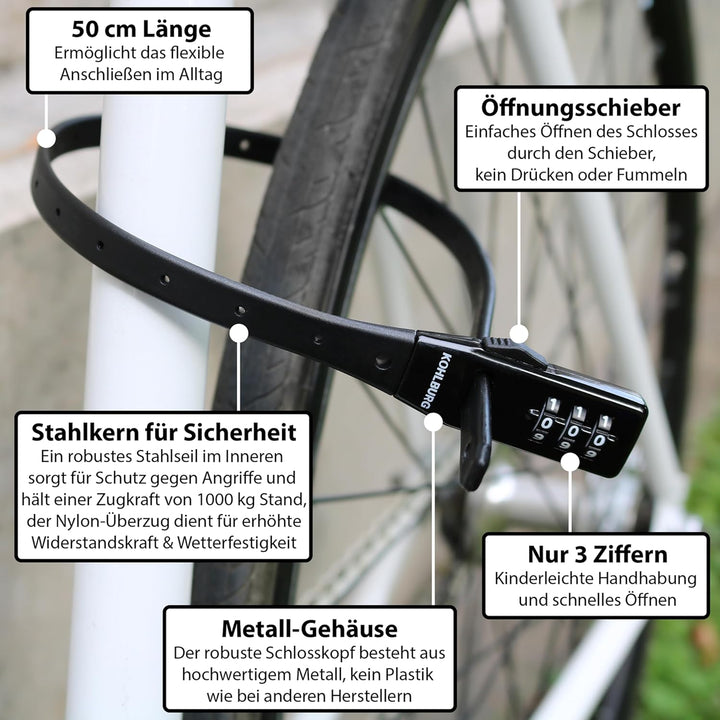 KOHLBURG extrem leichtes Zahlenschloss - 70g leicht mit Zahlencode - 50cm Fahrradschloss klein und s