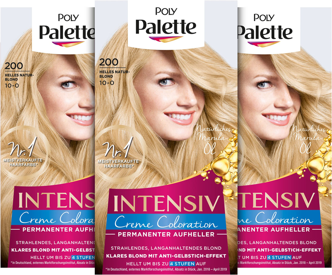 Palette Intensiv Creme Coloration 10-0/200 Helles Naturblond Stufe 3 (3 x 125 ml), Permanenter Aufhe