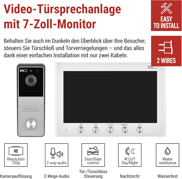 EMOS - Video-Türsprechanlage, 2-Draht-Ausführung - 720p HD Video-Türklingel - wasserdichte Kamera mi
