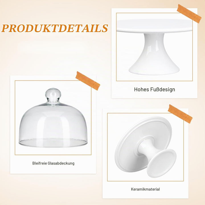 Cabilock Keramik Kuchenplatte Tortenplatte Glasglocke Teller Kuchenteller Kuchenständer Haube mit Fu