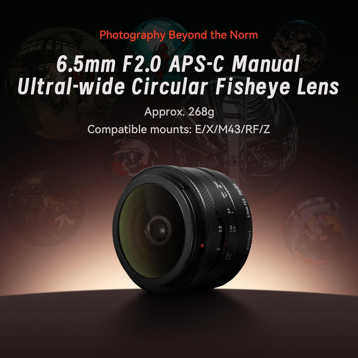 AstrHori 6.5mm F2.0 APS-C Fisheye Objektiv für Fuji X, Manueller Fokus 192° Ultraweitwinkel Objektiv