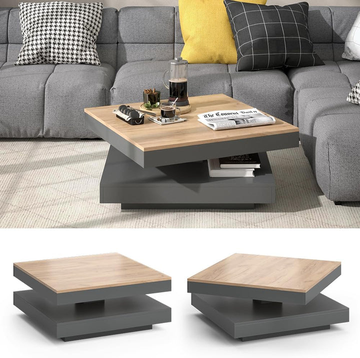 Vicco Couchtisch Elias 360° drehbar 70 x 70 x 34 cm Wohnzimmertisch Tisch (Anthrazit/Goldkraft)