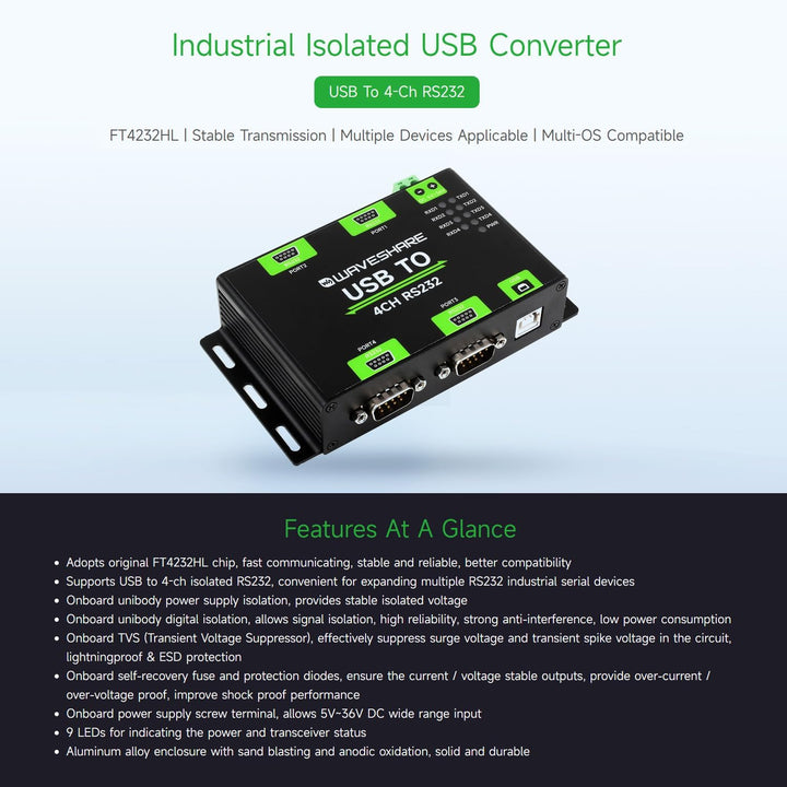 Waveshare Industrial Isolated USB to 4CH RS232 Converter (DB9 Male Interface), Adopts Original FT423