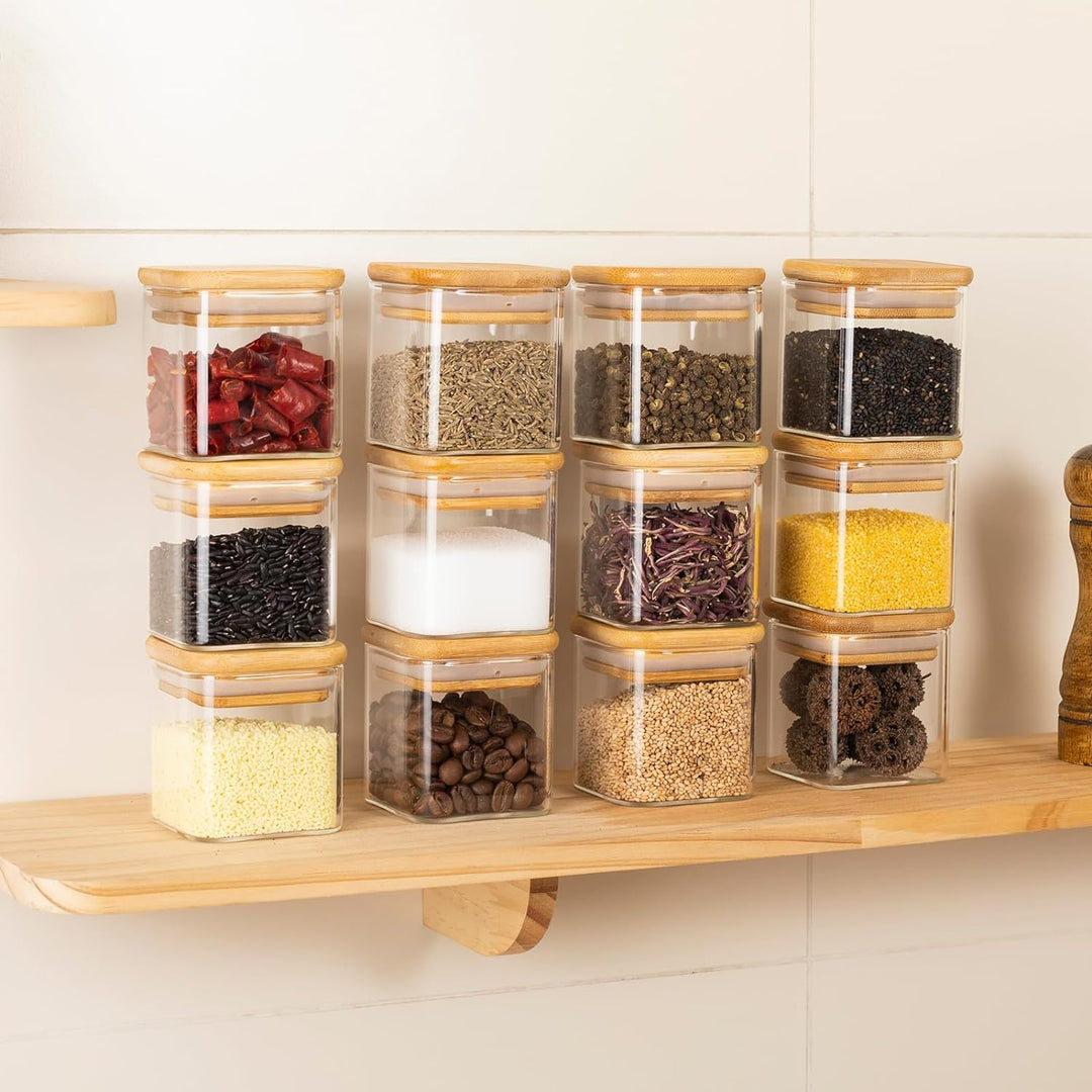 Gewürzgläser Eckig 12er Set,120ml Gewürz Organizer Gewürzdosen Set Bambusdeckel,Gewürzstreuer Glas G