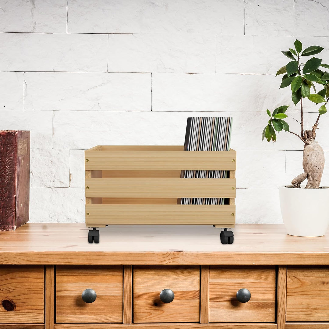 Relaxdays Schallplatten Kiste, Bambus, mit Rollen, 50-80 Vinyls, HBT: 27 x 43 x 34 cm, Aufbewahrungs