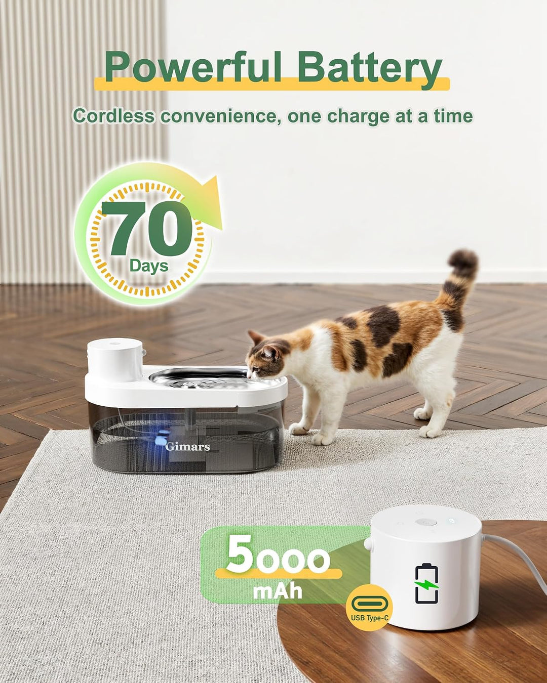 Gimars 4L UltraLeiser BPA-frei Katzenbrunnen Kabellos mit Bewegungsmelder, 5000mAh Akku, Trinkbrunne