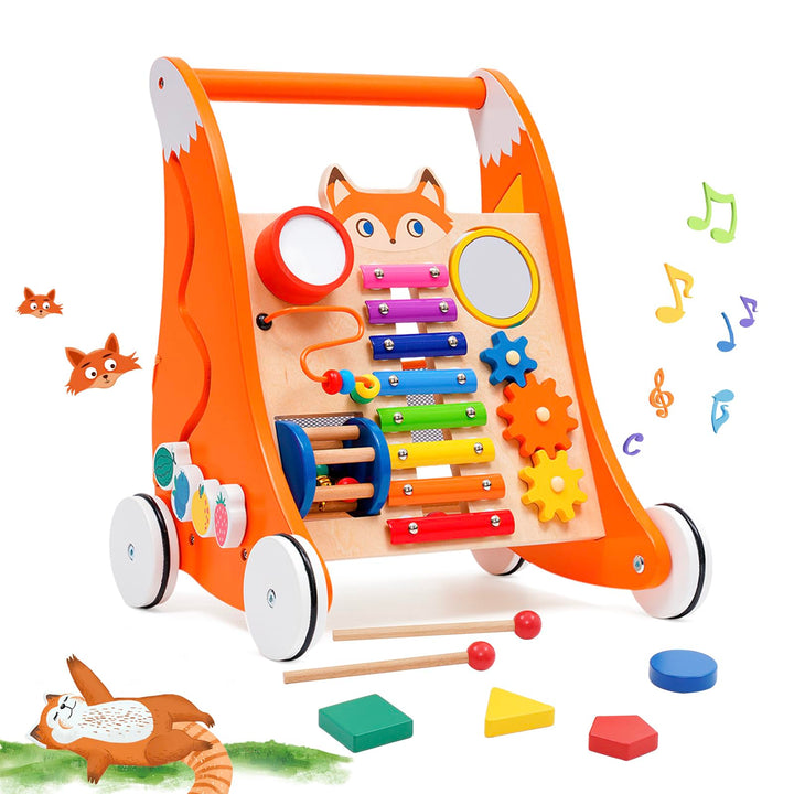 Lauflernwagen Holz für Kleinkinder, Multifunktionale Lauflernhilfe mit Spielbrett und Musik, Laufler