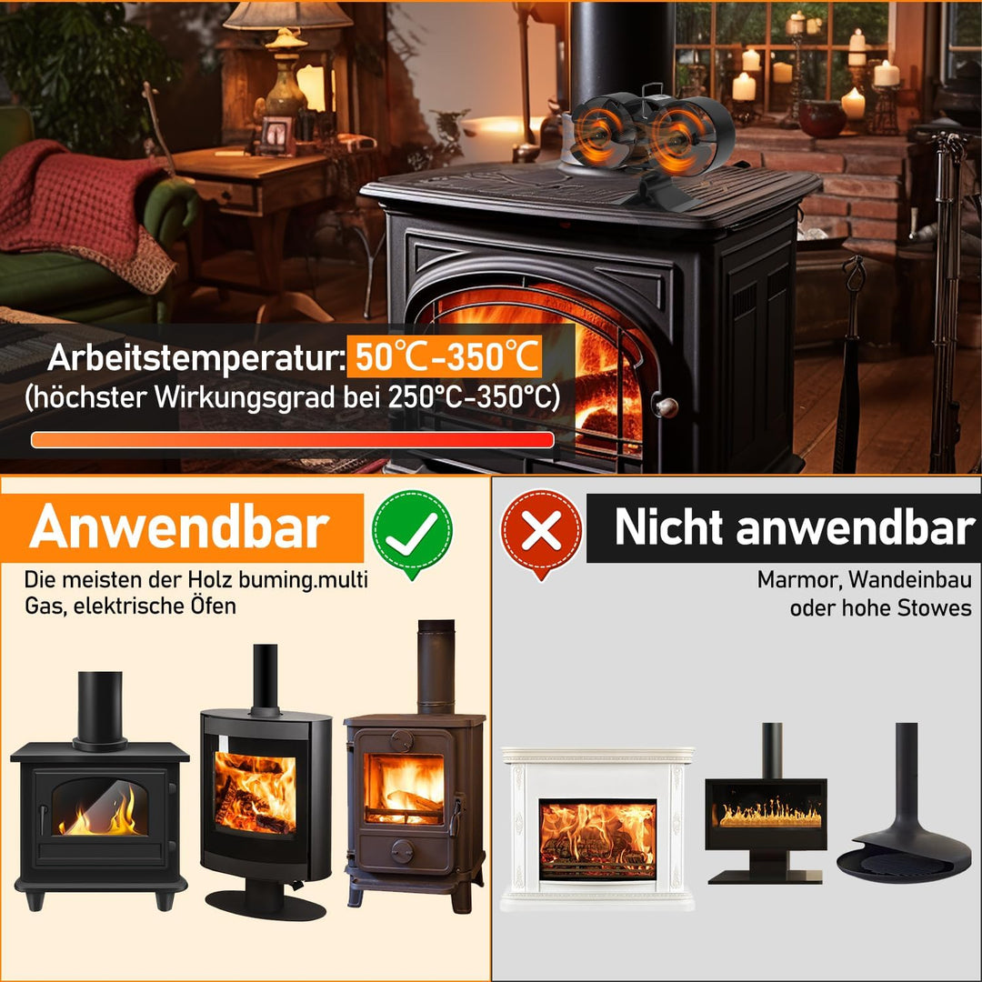Sonnewelt Dopple Kaminventilator, Ofenventilator ohne strom mit 8 Blättern, Ventilator für Kaminofen