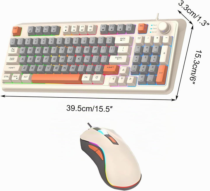 Kabelgebundene Tastatur und Maus Set mit 94 Tasten Lautstärkeregler Buntes Licht Ergonomische Mäuse